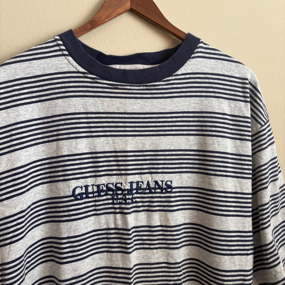 Vintage 1990's Guess Jeans Striped Oversized Fit Embroidered Crewneck T Shirt
